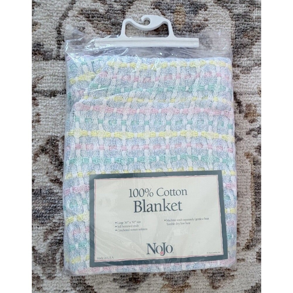 Vintage NoJo 100% Cotton Baby Blanket Pastel Plaid Open Weave USA NIP 36x50